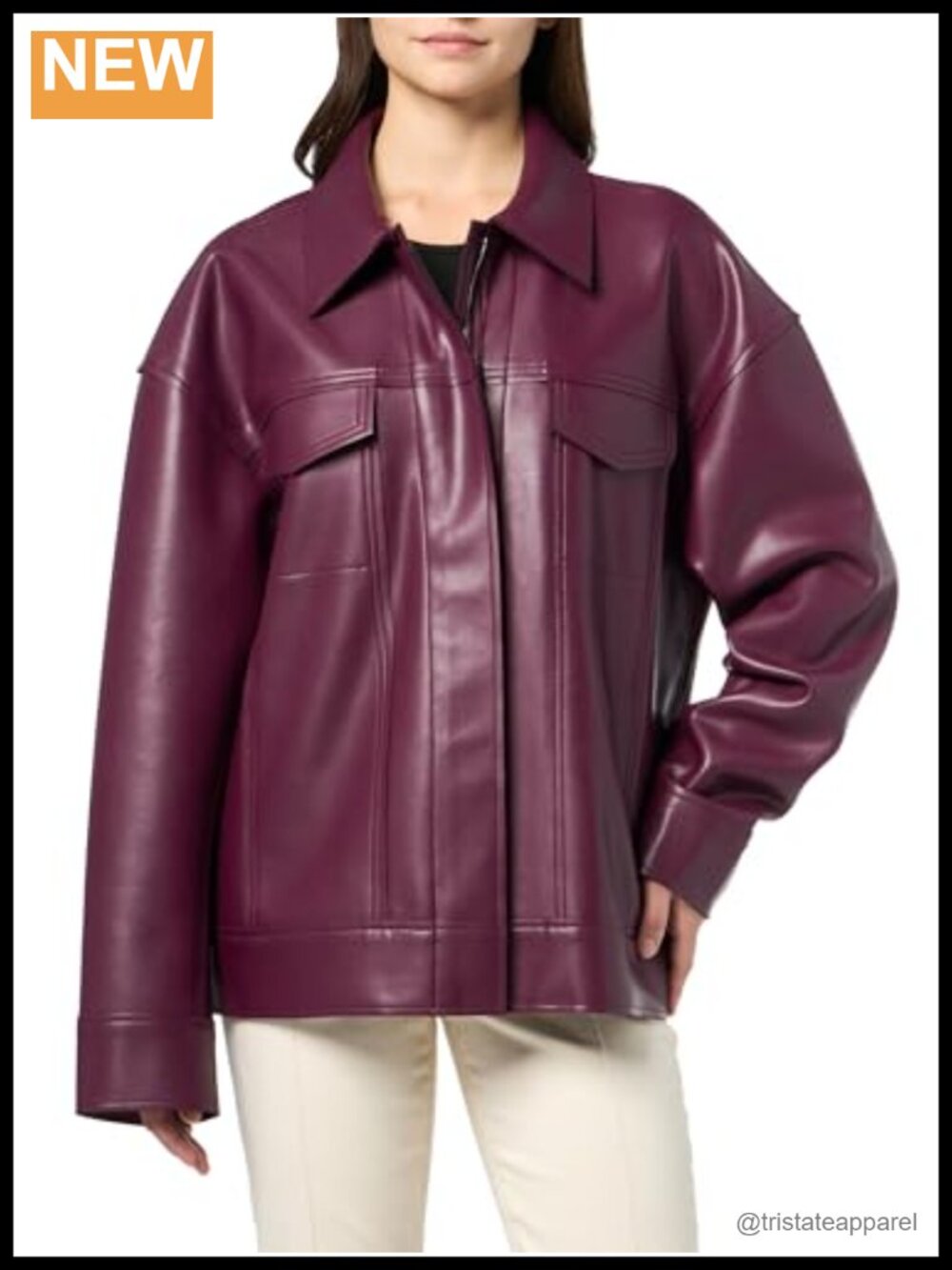 Oversized Jean Jacket - 100% Polyurethane Long Sleeve Zip Front
